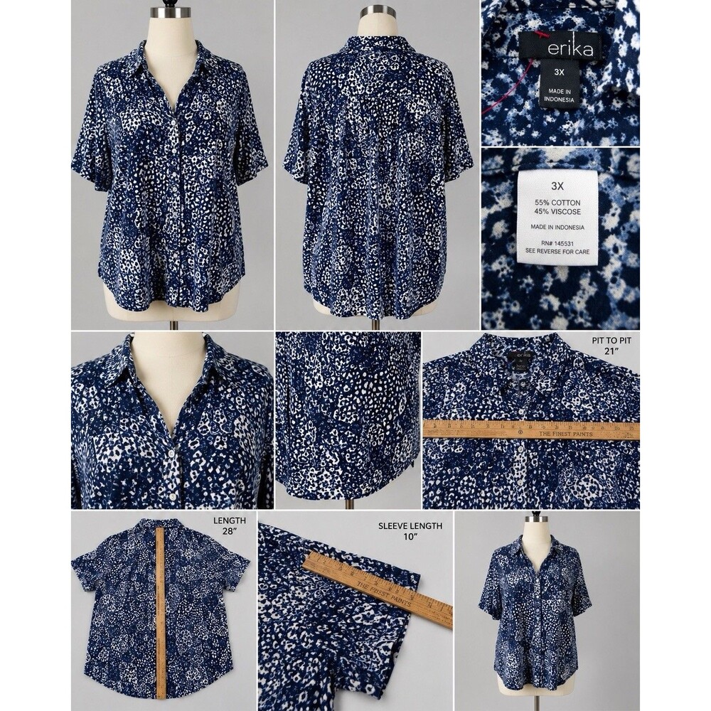 Erika Woman Plus  Size 3X Animal Print  Print Button Front  Blouse Cotton Viscos